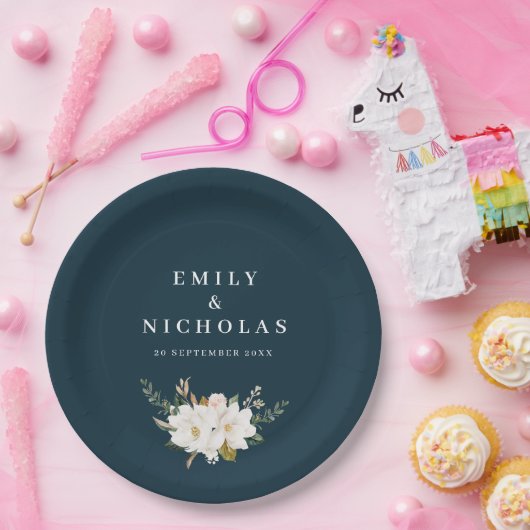 elegant magnolia floral navy blue bruiloft papieren bordje (Feest)