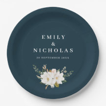 elegant magnolia floral navy blue bruiloft