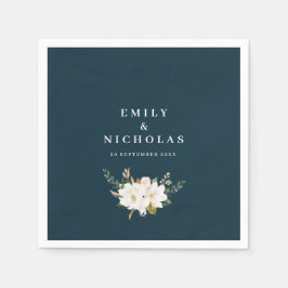 elegant magnolia floral navy blue bruiloft servet