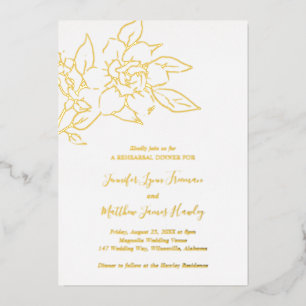 Elegant Magnolia Floral Rehearsal Dinner Gold Folie Uitnodiging