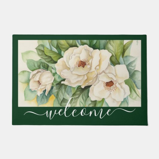 Elegant Magnolia Floral Welcome Script Deurmat (Voorkant)