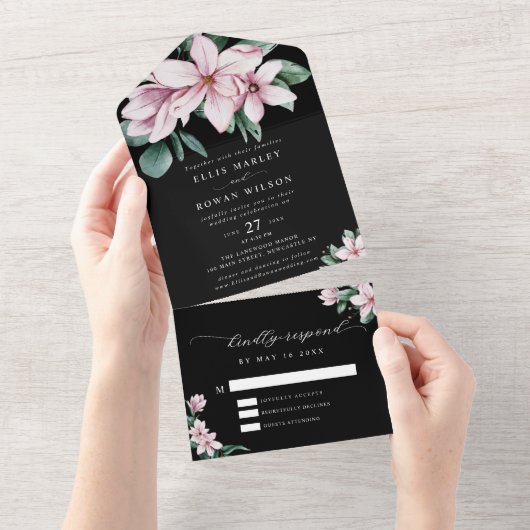Elegant Magnolia Florals Modern Script Wedding All In One Uitnodiging (Afscheurbaar)