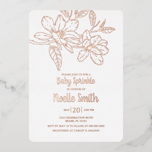 Elegant Magnolia Flowers, Baby Sprinkle Folie Uitnodiging (Voorkant)