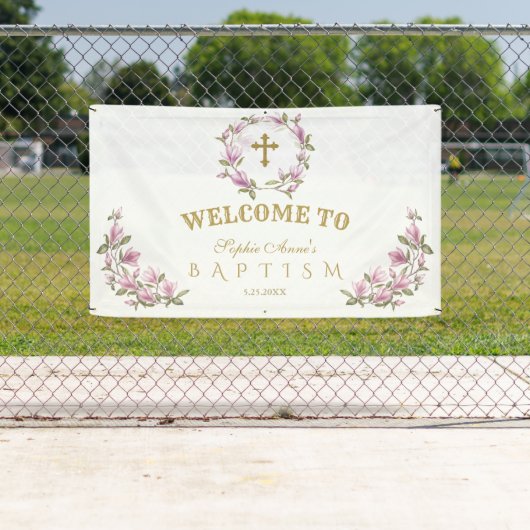 Elegant Magnolia Flowers Baptism Welcome Sign Spandoek (Insitu)