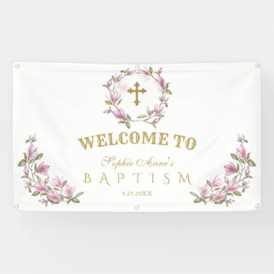 Elegant Magnolia Flowers Baptism Welcome Sign Spandoek