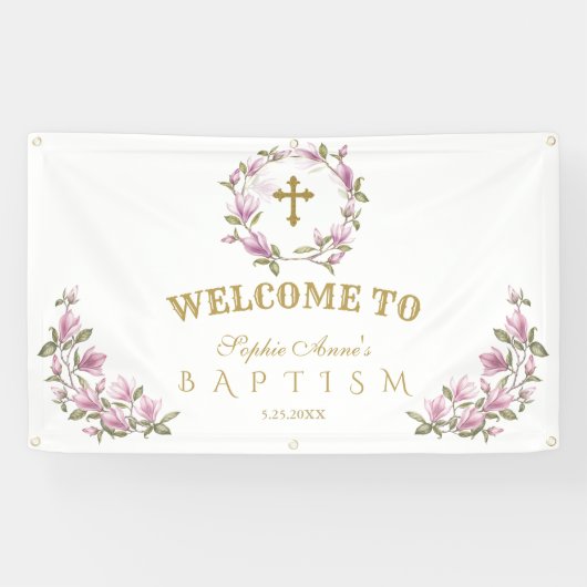 Elegant Magnolia Flowers Baptism Welcome Sign Spandoek (Horizontaal)