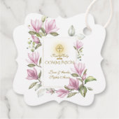 Elegant Magnolia Flowers Gold First Heilige Commun Bedankjes Labels (Achterkant)