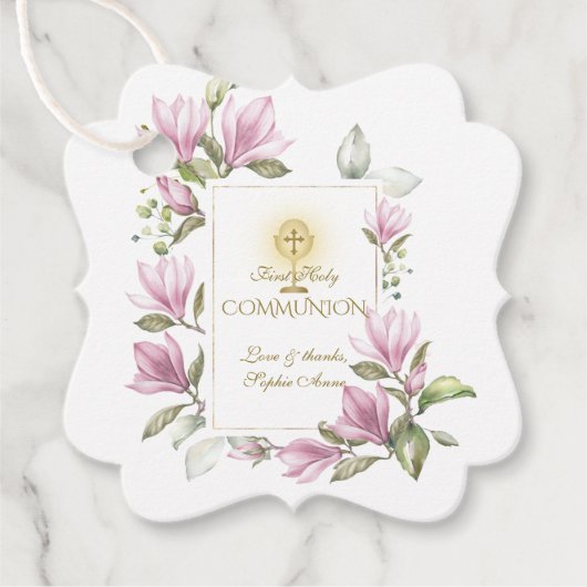Elegant Magnolia Flowers Gold First Heilige Commun Bedankjes Labels (Voorkant)