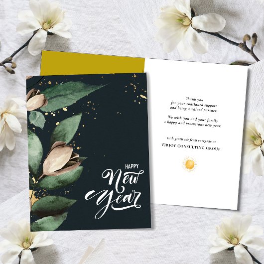 Elegant Magnolia Gold Confetti Foliage Corporate Feestdagen Kaart