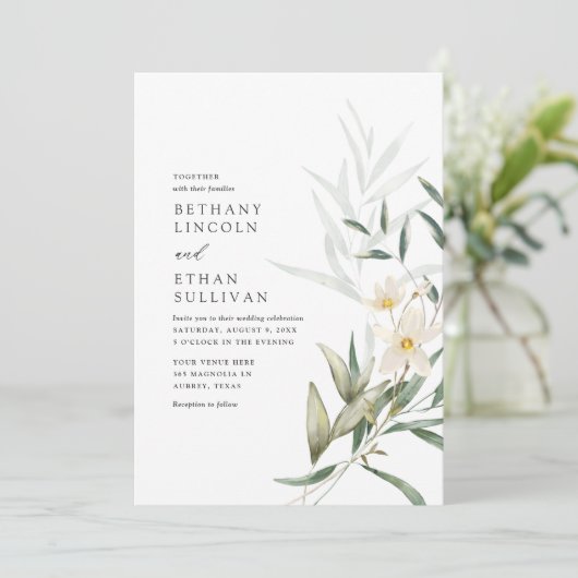 Elegant Magnolia Greenery Wedding Kaart (Staand voorkant)