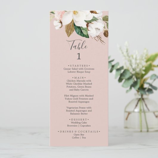 Elegant Magnolia | Menu Blush Pink-tabelnummer (Staand voorkant)