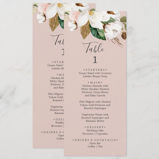 Elegant Magnolia | Menu Blush Pink-tabelnummer (Voorkant / Achterkant)