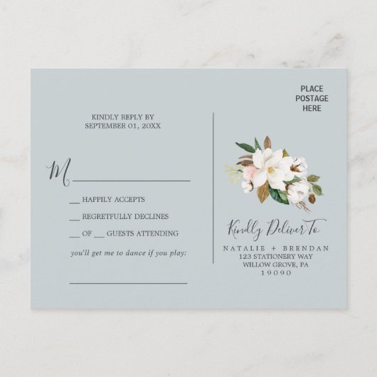 Elegant Magnolia Navy Song Request RSVP Briefkaart (Achterkant)