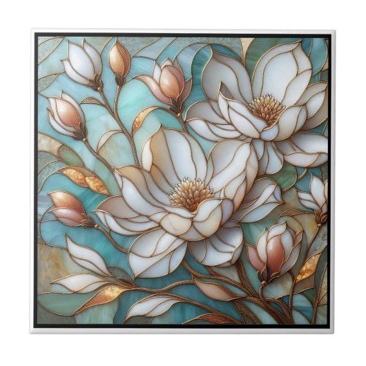 Elegant Magnolia Stained Glass Floral Mosaic Art Tegeltje (Voorkant)