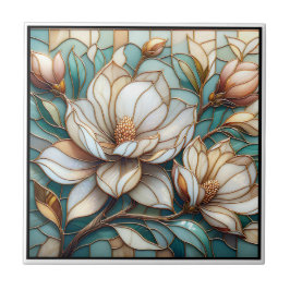 Elegant Magnolia Stained Glass Floral Mosaic Art Tegeltje
