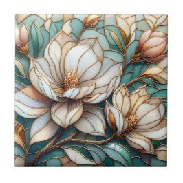 Elegant Magnolia Stained Glass Floral Mosaic Art Tegeltje