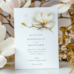 Elegant Magnolia Wedding Invitation Kaart<br><div class="desc">Deze smaakvol ontworpen bruiloft uitnodiging heeft een delicate magnolia bloei in zachte tinten van crème, ivoor en bleek geel, gemarkeerd met subtiele spatten van goud en warm beige. De achtergrond is een zachte wassing van waterverf spatten, het toevoegen van een artistieke touch aan de compositie. Het elegante script en de...</div>