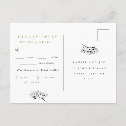 Elegant Magnolia Wedding RSVP met Keuze uit maalti Uitnodiging Briefkaart (Achterkant)