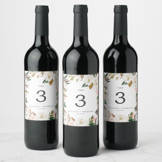 Elegant Magnolia Wedding Table Number Wine Labels Wijn Etiket (Flessen)