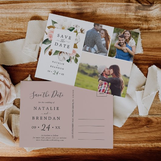 Elegant Magnolia | White 3 Foto Save the Date Uitnodiging Briefkaart