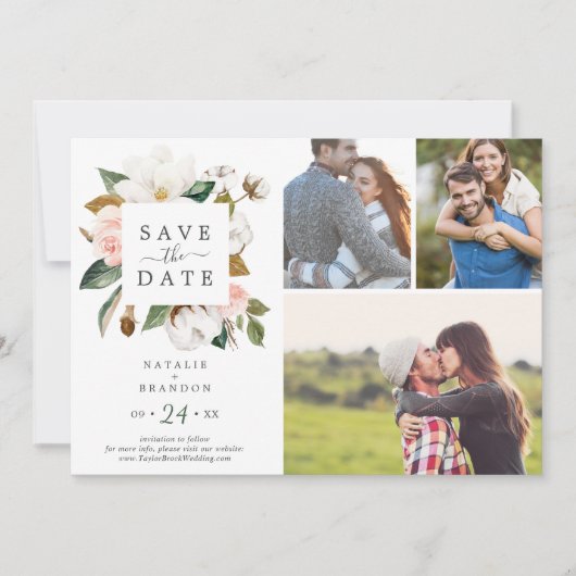 Elegant Magnolia | White 3 Photo Collage Save The Date (Voorkant)