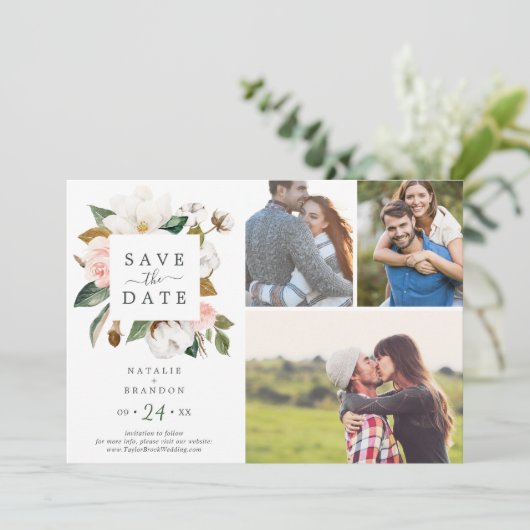 Elegant Magnolia | White 3 Photo Collage Save The Date (Staand voorkant)