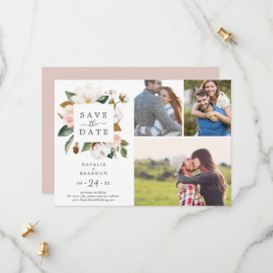 Elegant Magnolia White 3 Photo Collage Save The Date