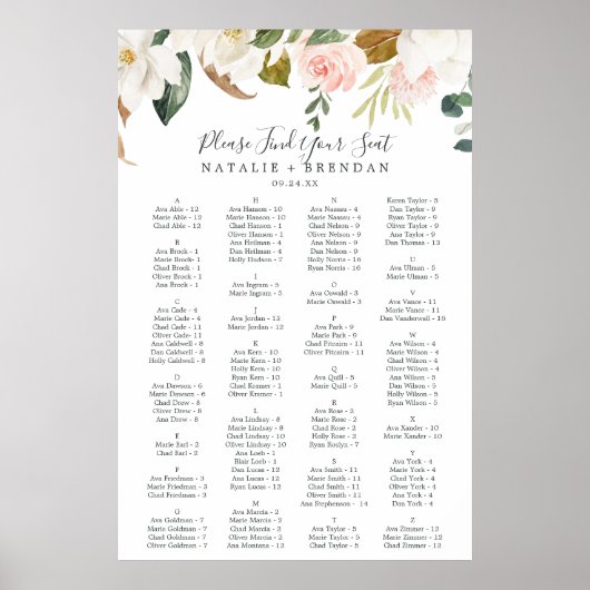 Elegant Magnolia White Alfabetical Seat Chart Poster (Voorkant)