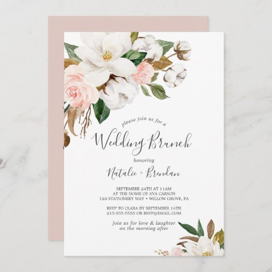 Elegant Magnolia | White and Blush Wedding Brunch Kaart (Voorkant / Achterkant)