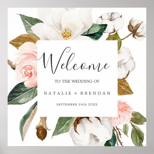 Elegant Magnolia | White and Blush Welcome Wedding Poster (Voorkant)