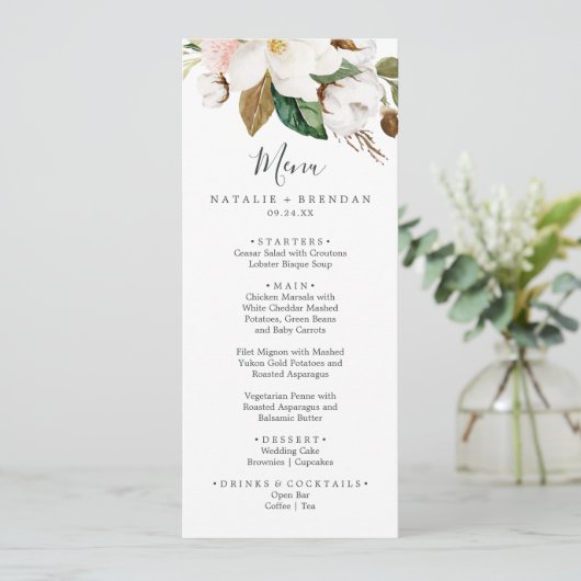 Elegant Magnolia White & Blush Weddenrenmenu Menu (Staand voorkant)