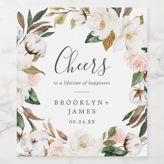 Elegant Magnolia White Cheers Wedding Wine Labels Wijn Etiket (Enkel label)