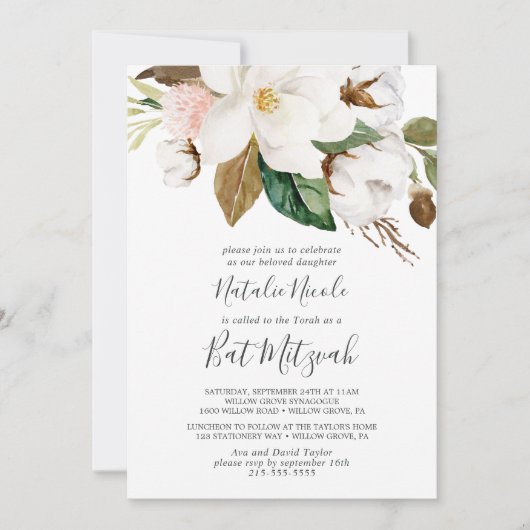 Elegant Magnolia | White en Blush Bat Mitzvah Kaart (Voorkant)