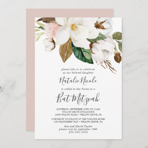 Elegant Magnolia   White en Blush Bat Mitzvah Kaart