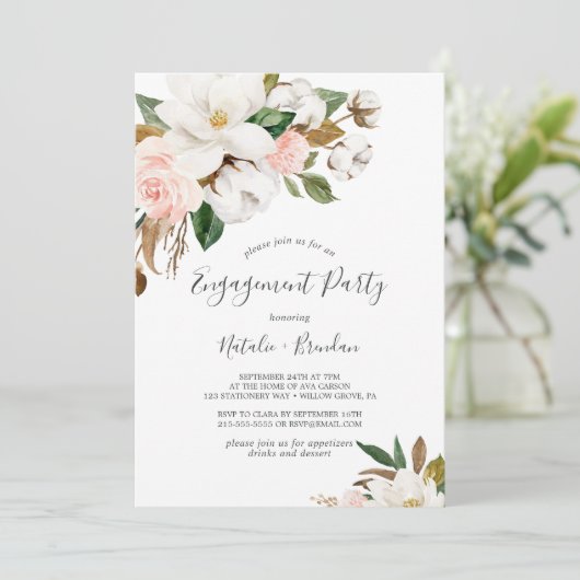 Elegant Magnolia White en Blush Engagement Party Kaart (Staand voorkant)