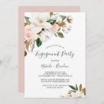 Elegant Magnolia White en Blush Engagement Party Kaart<br><div class="desc">Deze elegante magnolia white en blush verloving party uitnodiging is perfect voor een modern lesprogramma. Het ontwerp van de zachte bloem is voorzien van waterverf blush roze pinda's, verbluffende witte magnoliumbloemen en katoen met goud en groene bladeren in een luxe vorm. Pas de achterzijde van de kaart aan met de...</div>