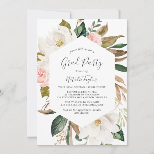 Elegant Magnolia White en Blush Graduation Party Kaart (Voorkant)