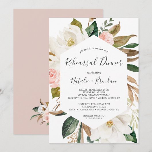 Elegant Magnolia White en Blush Rehearsal Dinner Kaart (Voorkant / Achterkant)