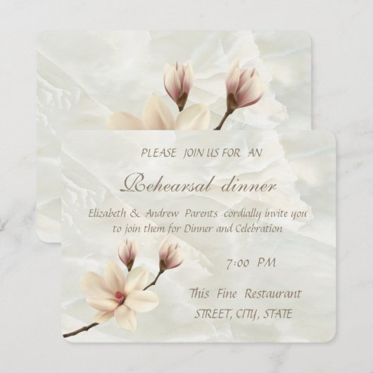 Elegant Magnolia, White Marble Rehearsal Dinner Kaart (Voorkant / Achterkant)