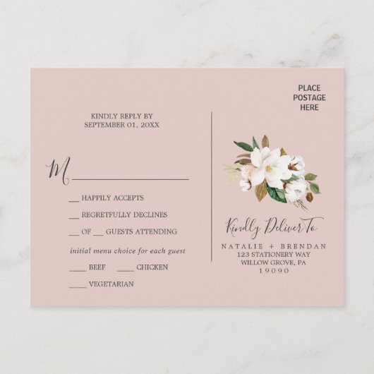 Elegant Magnolia White Menu Keuze RSVP Briefkaart (Achterkant)