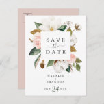 Elegant Magnolia | White Save the Date Briefkaart<br><div class="desc">Dit elegante magnolia white redt het date Notice briefkaart.. is perfect voor een moderne,  klastige bruiloft. Het ontwerp van de zachte bloem is voorzien van waterverf blush roze pinda's,  verbluffende witte magnoliumbloemen en katoen met goud en groene bladeren in een luxe vorm.</div>