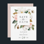 Elegant Magnolia | White Save the Date Briefkaart<br><div class="desc">Dit elegante magnolia white redt het date Notice briefkaart.. is perfect voor een moderne,  klastige bruiloft. Het ontwerp van de zachte bloem is voorzien van waterverf blush roze pinda's,  verbluffende witte magnoliumbloemen en katoen met goud en groene bladeren in een luxe vorm.</div>