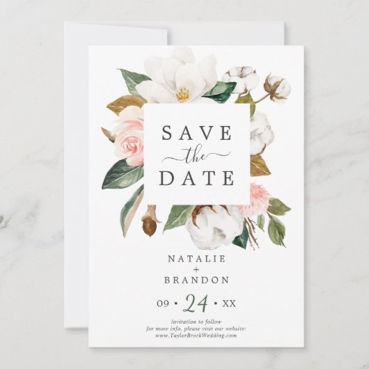 Elegant Magnolia | White Save the Date Kaart (Voorkant)