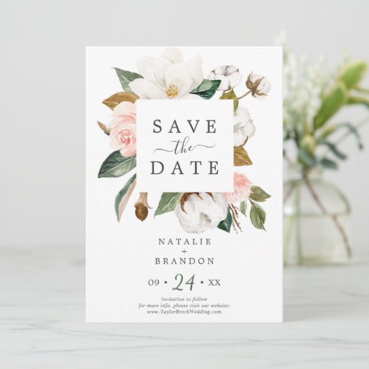 Elegant Magnolia | White Save the Date Kaart (Staand voorkant)