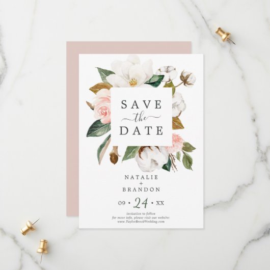 Elegant Magnolia | White Save the Date Kaart (Voorkant / Achterkant in situ)