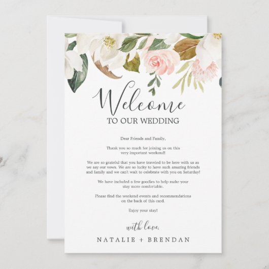 Elegant Magnolia White Welkom Letter & Itinerary (Voorkant)