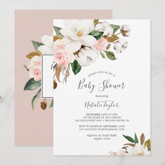 Elegant Magnolia | Wit en Blush Baby shower Kaart (Voorkant / Achterkant)