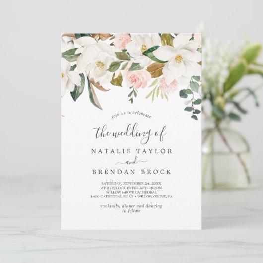 Elegant Magnolia | Wit en blush het huwelijk van Kaart (Staand voorkant)