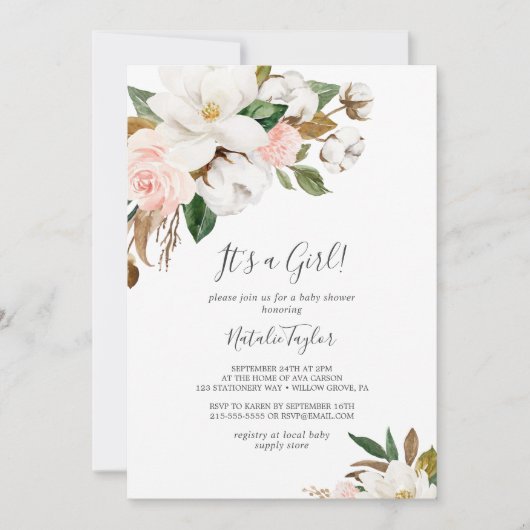 Elegant Magnolia | Wit en blush Het is een meisje Kaart (Voorkant)