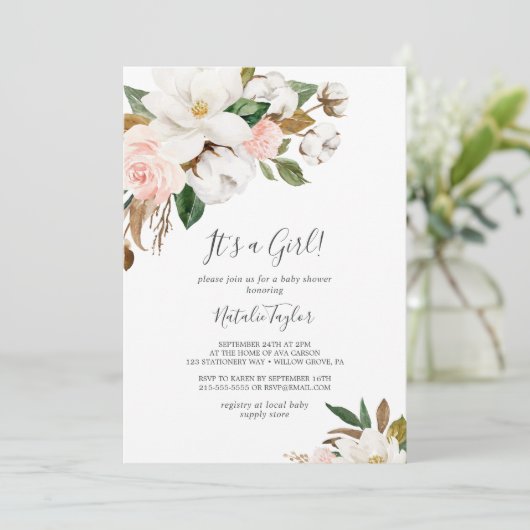 Elegant Magnolia | Wit en blush Het is een meisje Kaart (Staand voorkant)